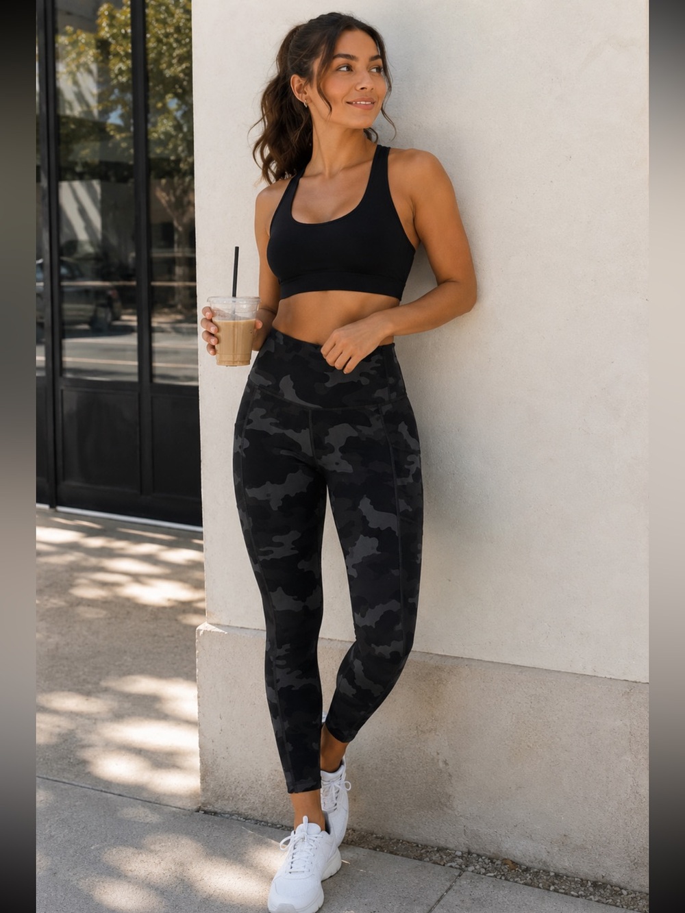 90 Degree by Reflex Black Camo High Rise Full Length Leggings Large Yoga